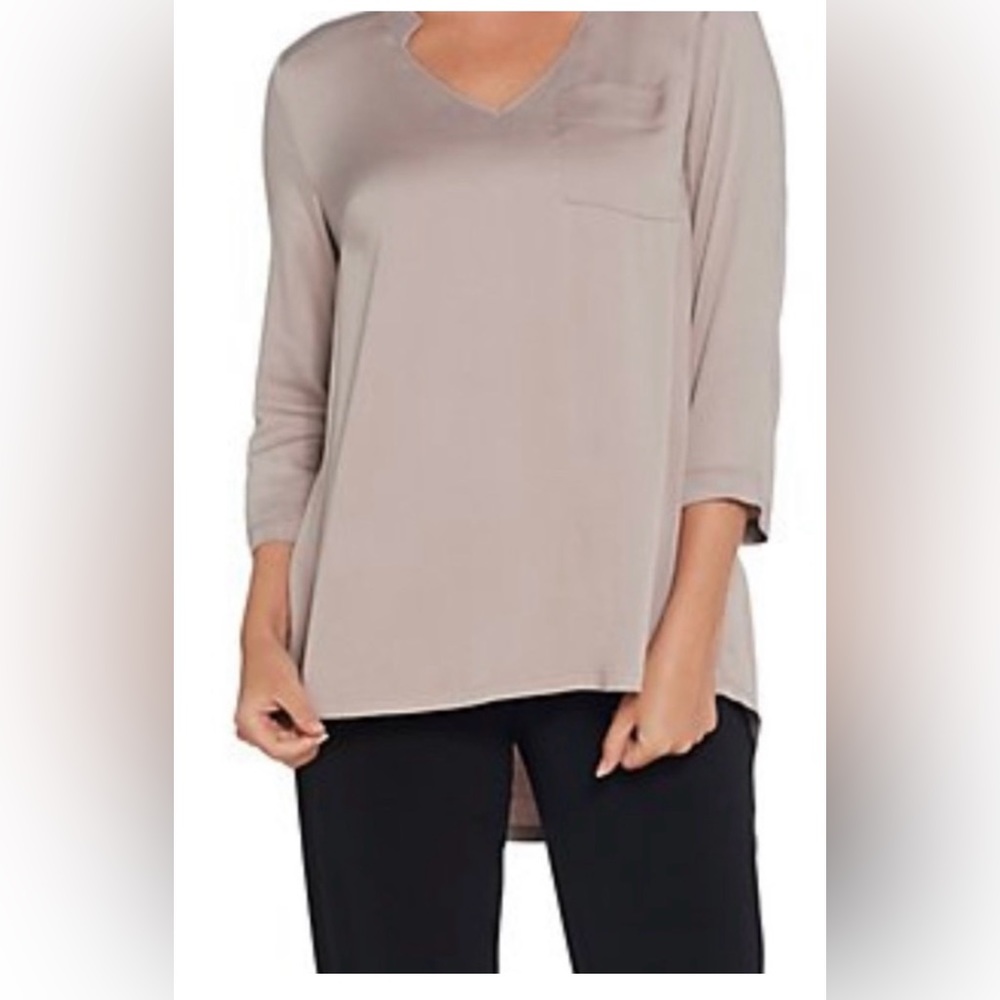 Lisa Rinna Collection Notch-collar High-Low Stretch Blouse - Light Mocha